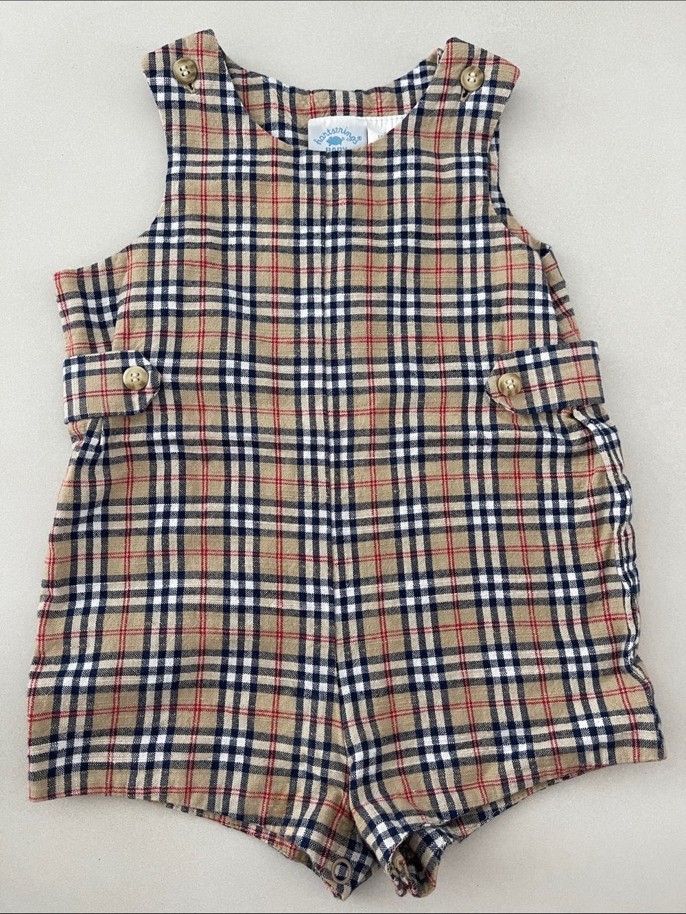 Hartstrings Plaid Toddler Shortalls in Beige, Navy, and Red